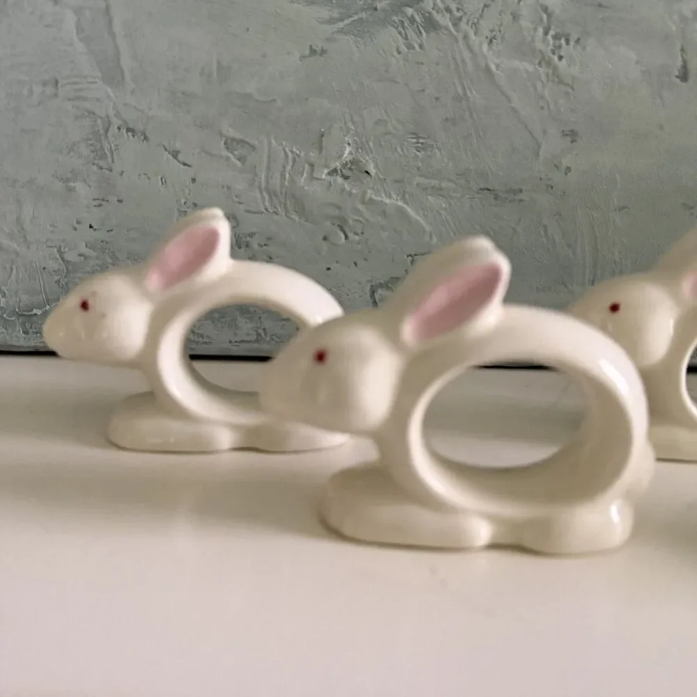 Vintage Japan White Bunny Rabbit Napkin Rings Ceramic Porcelain Easter Set Of 4